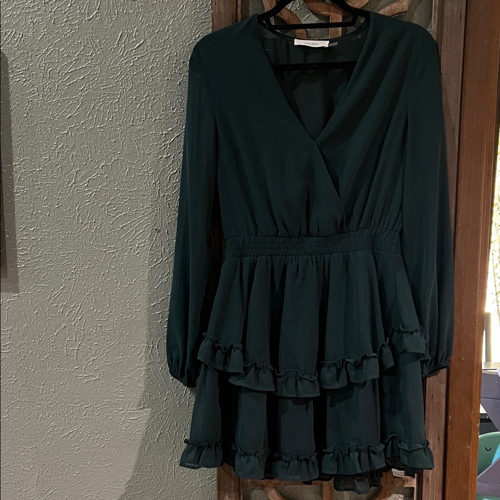 Long-Sleeve Dark Green Ruffle Tiered Dress